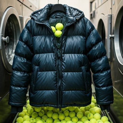 Proceso de secado de una chaqueta de plumas con pelotas de tenis para esponjar las plumas