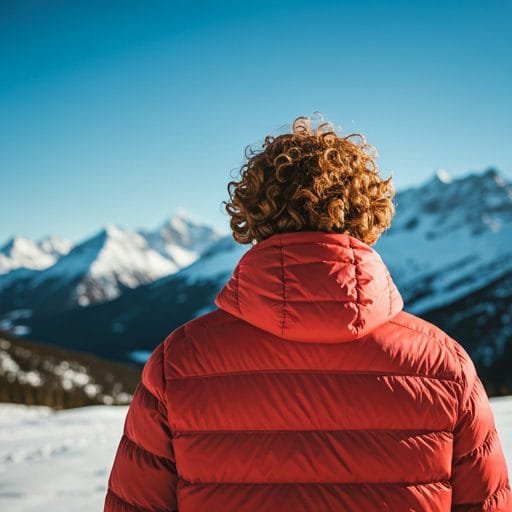 Persona caminando en la montaña con una chaqueta de plumas perfectamente cuidada