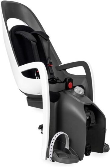 HAMAX Caress, asiento infantil para bicicleta con respaldo reclinable, arnés de seguridad ajustable de 3 puntos, reposapiés regulables y sistema de montaje trasero, ideal para transportar niños con comodidad, seguridad y estilo.