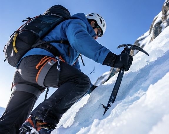 Montañero progresando con piolet por una pendiente de nieve
