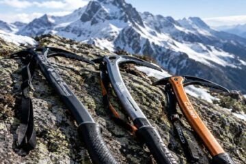 Tres piolets de montaña apoyados en una roca con picos nevados al fondo
